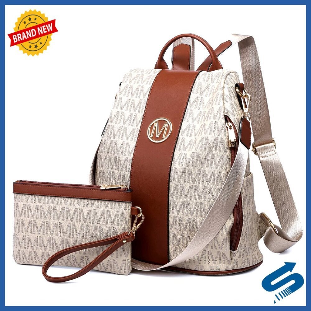 Vegan Leather Backpack Purse Set Anti-Theft Multi-Pocket Travel Shoulder Bag